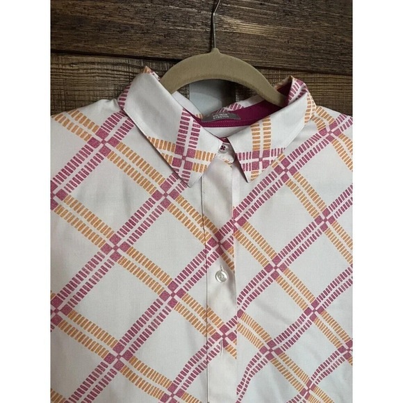 Chicos 2 Womens Shirt Size 14 3/4 Sleeve No Iron Button Down Front Pink Orange - Picture 5 of 7